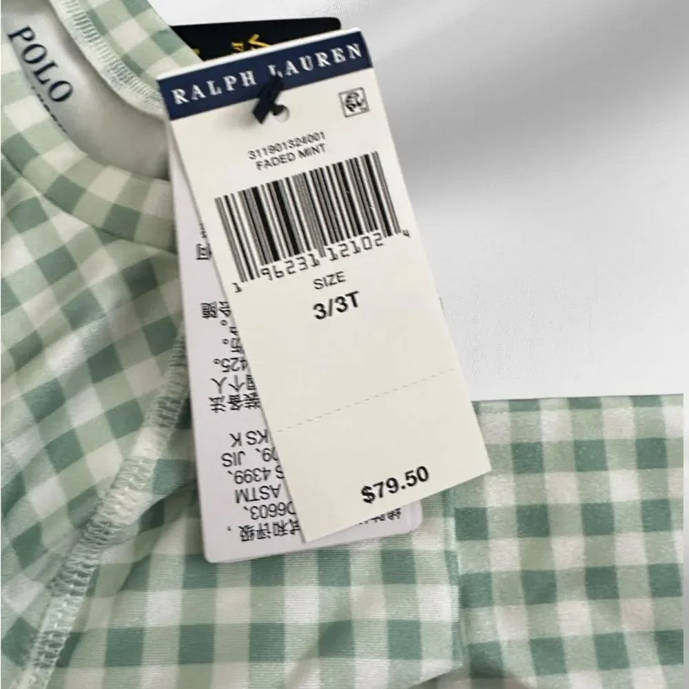 Polo Ralph Lauren Toddler Girls Green Gingham Long Sleeve Rashguard, 3T, NWT